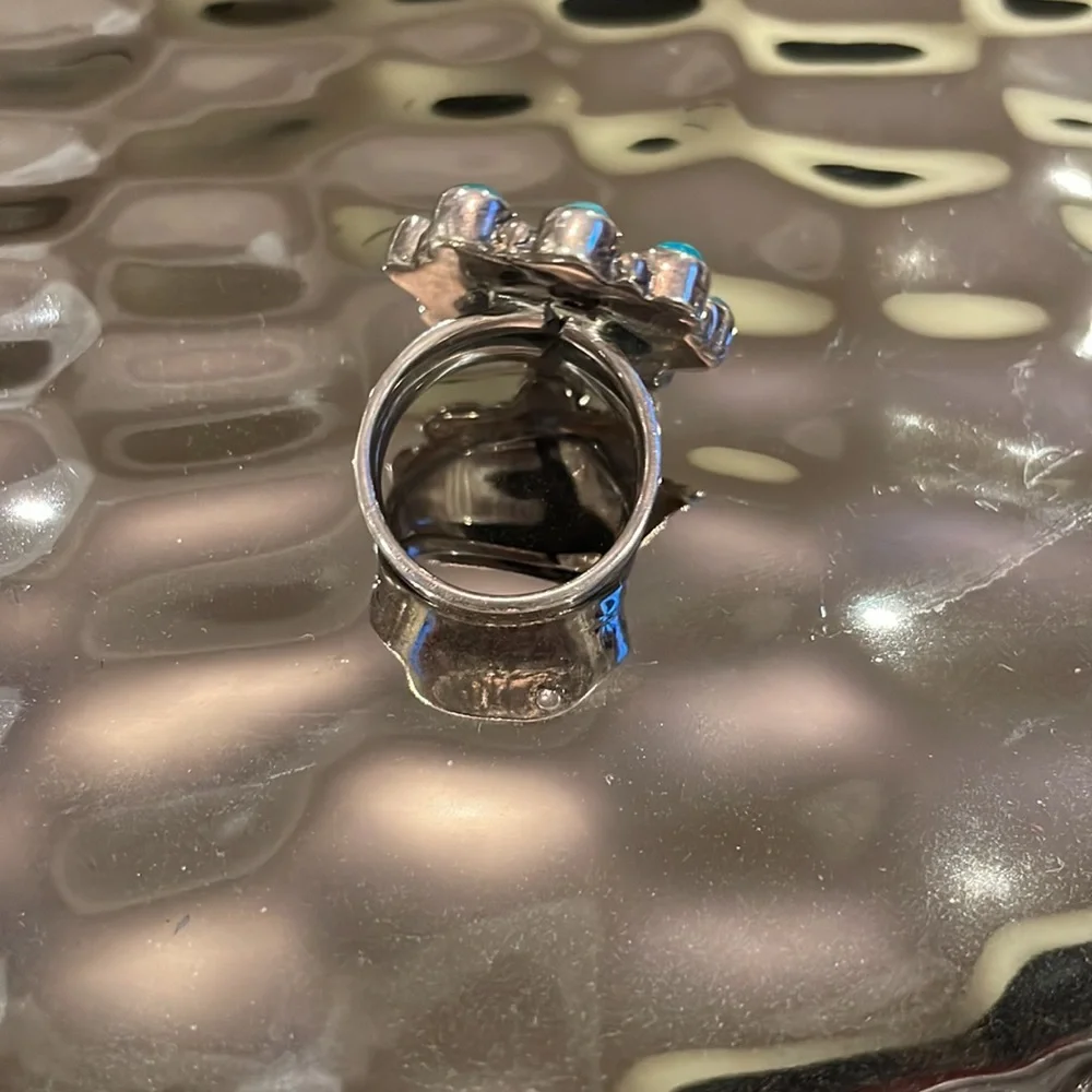 Turquoise Native American Ring Sz 7 Stamped Sterling Silver Boho Rodeo Festival - Picture 2 of 5